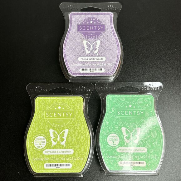 Scentsy Wax Bars Lot Key Lime & Grapefruit - Plum & White Woods - Blooming Marve - Picture 1 of 5